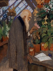 ""Muotokuva tiedemiehestä Charles Robert Darwinista (1809-1882), joka tutkii kasveja Langdon-Downin kasvihuoneessa"" Mihail Dmitrievich Ezuchevskyn (1880-1928) maalaus 1920 State Darwin Museum, Moskova