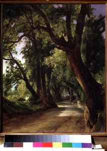 Näkymä Albanossa lähellä Roomaa (Italia). (Näkymä Albanossa lähellä Roomaa). Kuvaus hiekkatiestä kohoavien puiden välillä. Mihail Ivanovitš Lebedevin (1811-1837) maalaus, öljy kankaalle, 1800-luvun maisema. Valtion Tretjakovin galleria, Moskova.