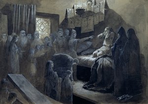 Ivan IV (1530-84) Kauhea, jonka luona hänen murhaamiensa haamut vierailivat (kynä ja muste vartalovärillä paperilla)
