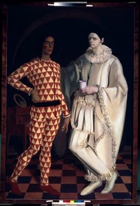 Harlekiini ja Pierrot (omakuvia, Comedia dell Arten puvuissa) - Harlequin ja Pierrot (omakuvat) - Aleksanteri Jevgenjevitš Jakovlevin (Alexandre Iacovleff) maalaus (1887-1938), öljy kankaalle