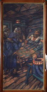 Suurruhtinas Vladimir I Svjatoslavitšin häät (tunnetaan suurena tai punaisena aurinkona, 958-1015) (Suurruhtinas Vladimir I Svjatoslavitšin häät) Vladimir alitin ympärillä on kolme vanhaa miestä - Mihail Nikolajevitš Jakovlevin (1880-) maalaus 1942), öljy tekijältä Mikhail Nikolayevich Yakovlev