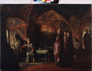 Tsaarinan asunto (Tsarevnan asunto). Sävellys vanhan Venäjän teemasta, perinteinen puku ja Moskovan ruhtinaskunnan koristelu. Paroni Mihail Petrovich Klodtin (1835-1914) maalaus öljy kankaalle tekijältä Mikhail Petrovich Klodt