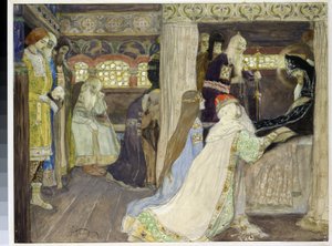 Suurruhtinas Aleksanteri Nevskin (1220-1263) kuolema. (Suurruhtinas Aleksanteri Nevskin kuolema). Mihail Vasilyevich Nesterovin (1862-1942) työ, akvarelli ja guassi paperille tekijältä Mikhail Vasilievich Nesterov