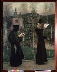 Kellot soivat (Ringing the Bells). Kaksi kävellessä lukevaa munkkia ovat menossa kohti taustalla olevaa kirkkoa. Mihail Vasilyevich Nesterovin (1862-1942) maalaus öljy kankaalle tekijältä Mikhail Vasilievich Nesterov