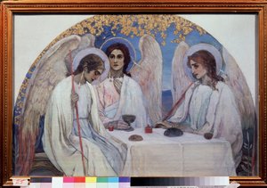 Abrahamin vieraanvaraisuus. Vanhan testamentin kolminaisuus. Edustus kolmesta enkelistä, jotka ilmestyivät Abrahamille lähellä Chene de Mambrea. (Aabrahamin vieraanvaraisuus (Vanhan testamentin kolminaisuus). Mihail Vasilyevich Nesterovin (1862-1942) maala