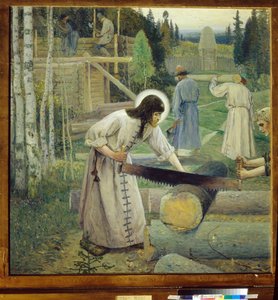 Serge de Radonege (1313-1392) - Pyhän Sergiuksen työt (Triptyykki, keskiosa) - Mihail Vasilyevich Nesterovin kuva (1862-1942) (symbolismi) Valtion Tretjakovin galleria, Moskova tekijältä Mikhail Vasilievich Nesterov