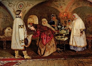 Tsaari Aleksei Mihailovitš (1629-76) tapaa morsiamensa Maria Miloslavasky, 1887 tekijältä Mikhail Vasilievich Nesterov