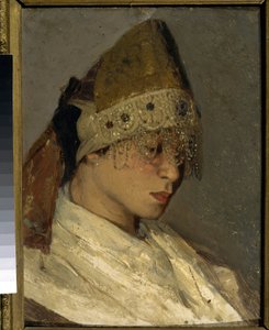Tyttö, jolla on kokochnik (A Girl With Kokoshnik). Perinteinen venäläisten naisten korkea päähine, sidottu takaa nauhoilla, etuosa on koristeltu helmillä ja brodeerauksella. Mihail Vasilyevich Nesterovin (1862-1942) maalaus, öljy puulle