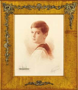 Muotokuva valtaistuimen seuraajasta Tsarevitš Aleksei Nikolajevitšista Venäjältä ja huomautuskuva keisarillisesta huviveneestä , 1913