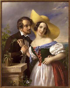 Rakkausvitsi Kohtaus viettelystä ja flirttailusta. Miklos Barabasin (1810-1898) maalaus öljy kankaalle