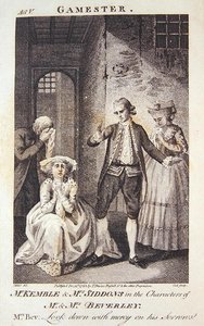 Herra Kemble ja rouva Siddons herra ja rouva Beverleyn hahmoissa, Edward Mooren teoksen "The Gamester" etusivun kuva, kaiverrettu Cookin toimesta. tekijältä Miller (after)