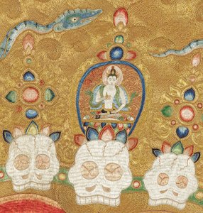 Yksityiskohta keisarillisesta kirjaillusta silkki-tangasta tekijältä Ming Dynasty Chinese School