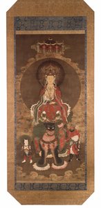 Bodhisattva Mañjusrî leijonan selässä, 1300-luvun loppupuoli (muste, väri ja kultainen pigmentti silkille). tekijältä Ming Dynasty Chinese School