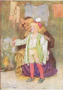 He riisuivat häneltä sametin, höyhenet ja pitsit (tarinasta Edwy and the Echo), kuvitus Thomas Nelson & Sons Ltd:n 1940-luvulta julkaisemasta Tarinoiden portaista (väri litho)