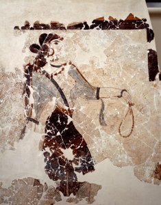 Minolainen sivilisaatio: naiset palvonnassa. Yksityiskohta. Fresko Xeste 3:n lustraalialtaalta Akrotirissa (Thera), Santorinissa. Himmeä. 143x381 cm 1500-luku eKr. Santorini, Akrotiri a Theran freskokokoelma tekijältä Minoan