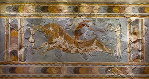 Yksityiskohta Bull Leaping Frescosta. Löytyi Knossoksesta tekijältä Minoan