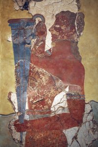 Minolainen taide. "Kupinkanto", hahmo kulkue Frescosta. Alkuperäinen rekonstruktio niistä harvoista fragmenteista, jotka A. Evans löysi Knossoksen arkeologisesta alueesta ja on nyt esillä Herakleionin arkeologisessa museossa. Siinä näkyy nuori mies, jolla  tekijältä Minoan