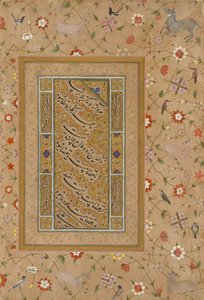 Sivu Late Shah Jahan -albumilta: Persian Calligraphy kehystetty kukkien ja lintujen koristeellisella rajalla tekijältä Mir 