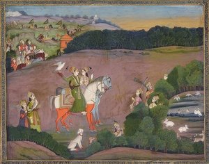 Baz Bahadur ja Rupmati metsästävät haukkoja. Noin 1735