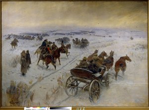 Taistelu Jegorlykskayalla (Venäjä). Episodi Venäjän sisällissodasta (1917-1923), puna-armeijan ja valkoisen armeijan ratsuväen yhteenotto lumisilla tasangoilla. Mitrofan Borisovich Grekovin (1882-1934) maalaus öljy kankaalle