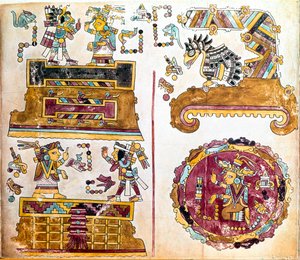 Mixtec-sivilisaatio: Mixtec Codex, jossa on kuvia päivittäisistä toiminnoista - Prekolumbialainen taide, sekoitettu sivilisaatio: scenes de vie quotidienne - Yksityiskohta kopiosta Codex Vindobonensis tai Wienin koodeksista, jonka Hernan Cortes lähetti Cha