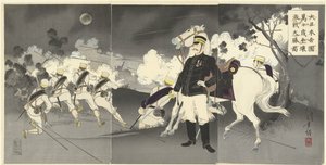 Eläköön suuri keisarillinen Japani! Kuva suuresta voitosta Pjongjangissa. Dai Nihon Teikoku Banbanzai. Heijo suuteli daisho no zua. (otsikko esineessä)