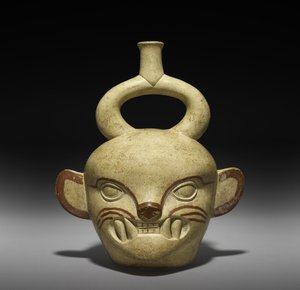 Alus kissan pään muodossa, AD 100-800 (keramiikka, jossa lippa) tekijältä Moche Moche