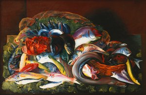 Suuri asetelma kalojen kanssa; Grande Nature Morte aux Poissons tekijältä Moise Kisling