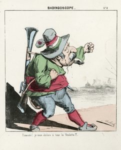 Lentävä lehti, numero 5, satiirinen värillinen, noin 1870: Badingoscope - Pariisin kunta/sota/piiritys, Hunt, tasavallan presidentti - Napoleon III - Molochin kuvitus (1849-1909) tekijältä Moloch
