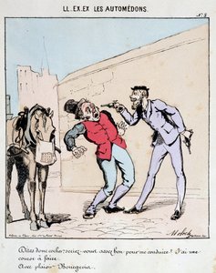 HÄN. EX. EX. Motoredons: Sarjakuva liikenteestä kaupungissa. Porvaristo pyytää kohteliaasti valmentajaa ajamaan häntä ja uhkailemaan häntä aseilla. Piirustus Moloch (1849-1909), noin 1860. tekijältä Moloch