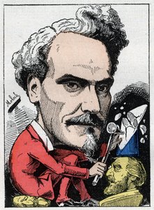 Muotokuva Henri de Rochefortista (1831-1913) Markiisi de Rochefort, toimittaja, poliitikko ja kirjailija Touchatoutin "Le Trombinoscope" -sarjassa, B. Molochin sarjakuva vuodelta 1882 (1849-1909). Yksityinen kokoelma. tekijältä Moloch