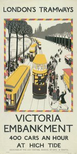 "Victoria Embankment", Lontoon kreivikuntaneuvoston LCC Tramways -juliste, 1926 tekijältä Monica Rawlins