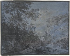 Paisatge al vespre amb un acabat de ruïnes cobertes de vegetació tekijältä Monogrammist IAR of IAP