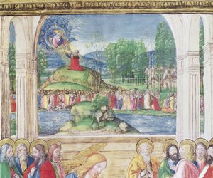 Ms 542 f.3v Mooses vastaanottaa lain taulut Jumalalta, Don Appianon kirjoittamasta psalttarista, Badia Fiorentinan kirkko, Firenze, 1514-15, yksityiskohta kuvasta 78840.