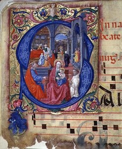 Ms 543 f.114v Historioitu alkukirjain "S", jossa Madonna ja Child Enthroned, psalterista, n. 1515 (vellum)