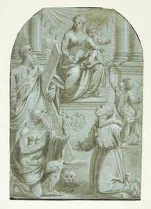 Maria Jeesus-lapsen kanssa valtaistuimella, jota ympäröivät apostoli Andreas, Johannes Kastaja lapsena, pyhä Hieronymus ja pyhä Franciscus Assisilainen tekijältä Moretto da Brescia