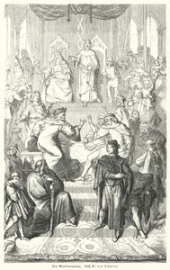 Sangerkrieg, pappilaisten välinen kilpailu Wartburgin linnassa Thüringenissä vuonna 1207 (kaiverrus) tekijältä Moritz Ludwig von (after) Schwind