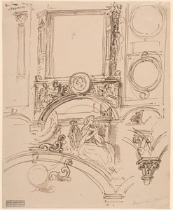 Arkkitehtonisia yksityiskohtia seinäkoristeeseen, jossa keisarinna Maria Theresia syleilee nuorta Wolfgang Amadeus Mozartia, noin 1864 (tussi ja tussi). tekijältä Moritz Ludwig von Schwind