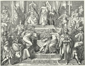 Sangerkrieg, pappilaisten välinen kilpailu Wartburgin linnassa Thüringenissä vuonna 1207 (kaiverrus) tekijältä Moritz Ludwig von Schwind