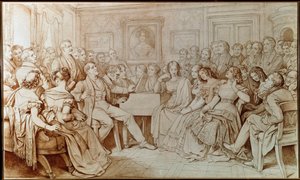 Säveltäjä Franz Schubert säestää tenori Johann Michael Voglia musiikkiillassa Baron von Spaunissa (Piirustus tekijältä Moritz Ludwig von Schwind
