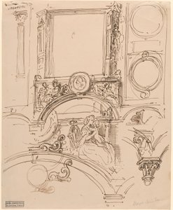 Arkkitehtonisia yksityiskohtia seinäkoristeeseen, jossa keisarinna Maria Theresia syleilee nuorta Wolfgang Amadeus Mozartia tekijältä Moritz Ludwig von Schwind