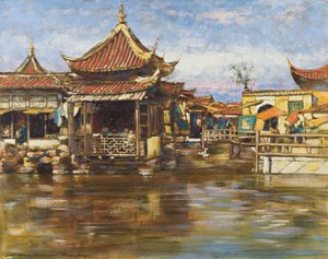 Tea House, Shanghai, n. 1909 (guassi & öljy levylle) tekijältä Mortimer Ludington Menpes
