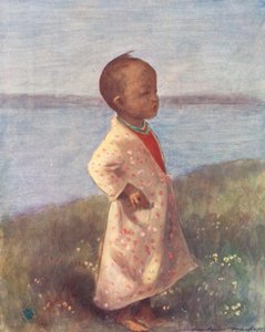 Maailman lapset: Burmalainen, seisoo varuillaan (värilitografia): Burmalainen, seisoo varuillaan (värilito). tekijältä Mortimer Ludington Menpes