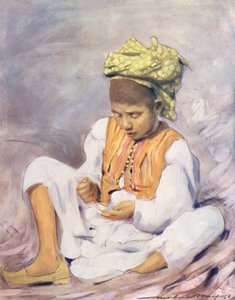 Maailman lapset: Indian, Threading Beads (värilitografia): Indian, Threading Beads (värilitografia) tekijältä Mortimer Ludington Menpes