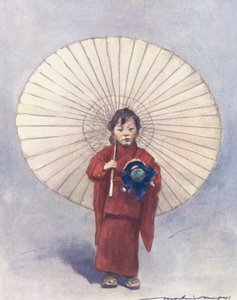 Maailman lapset: Japanilainen, hänen ensimmäinen sateenvarjonsa (värilitografia). tekijältä Mortimer Ludington Menpes