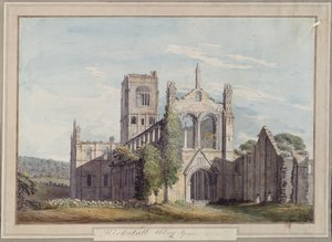 Luoteisnäkymä Kirkstall Abbeysta, 1777 tekijältä Moses Griffiths