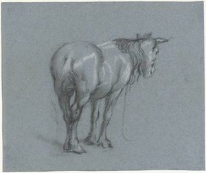 Hevosen tutkimus takaa, oikealta Seisovat työhevoset (sarjan nimi) tekijältä Moses Ter Borch