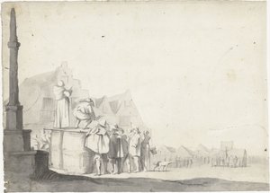 Tori, jossa kuuluttaja tynnyrissä tekijältä Moses ter Borch (possibly)