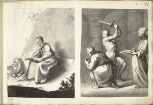 Pyhä Hieronymus erämaassa ja Johannes Kastajan mestaus tekijältä Moses ter Borch (signed by artist)