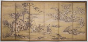 Kohtauksia elokuvasta 24 Paragons Of Filial Piety (mustetta ja kultapigmenttiä paperilla) tekijältä Motonobu Kano
